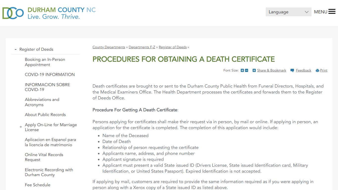 Procedures for Obtaining a Death Certificate | Durham County - DCONC